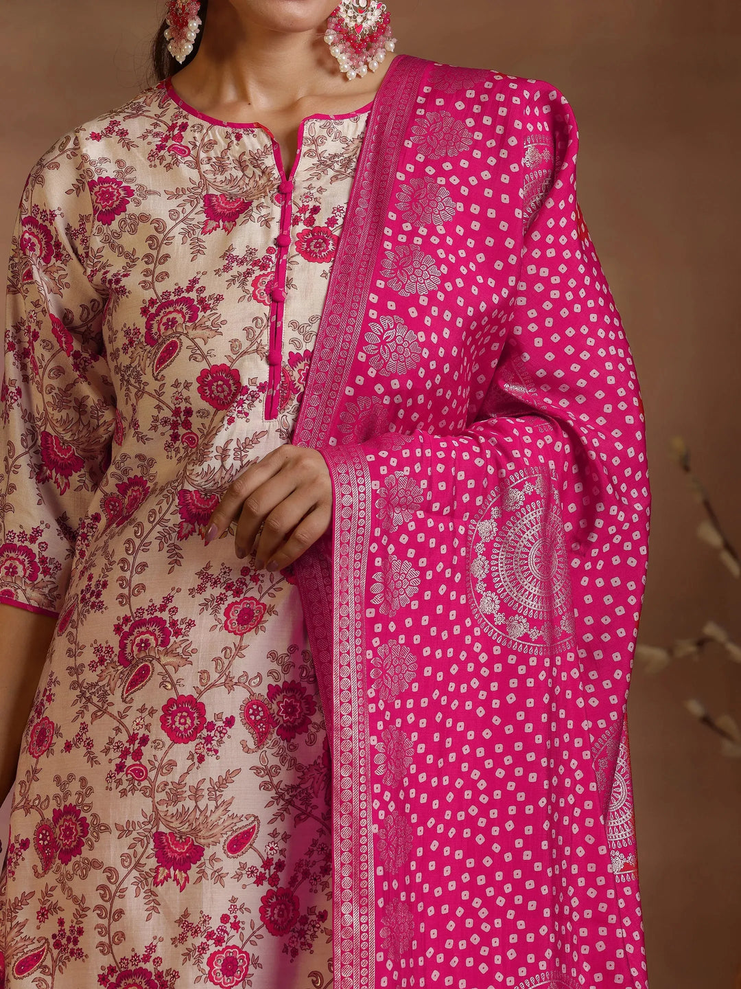  Pink Printed Silk Blend Straight Suits With Dupatta 