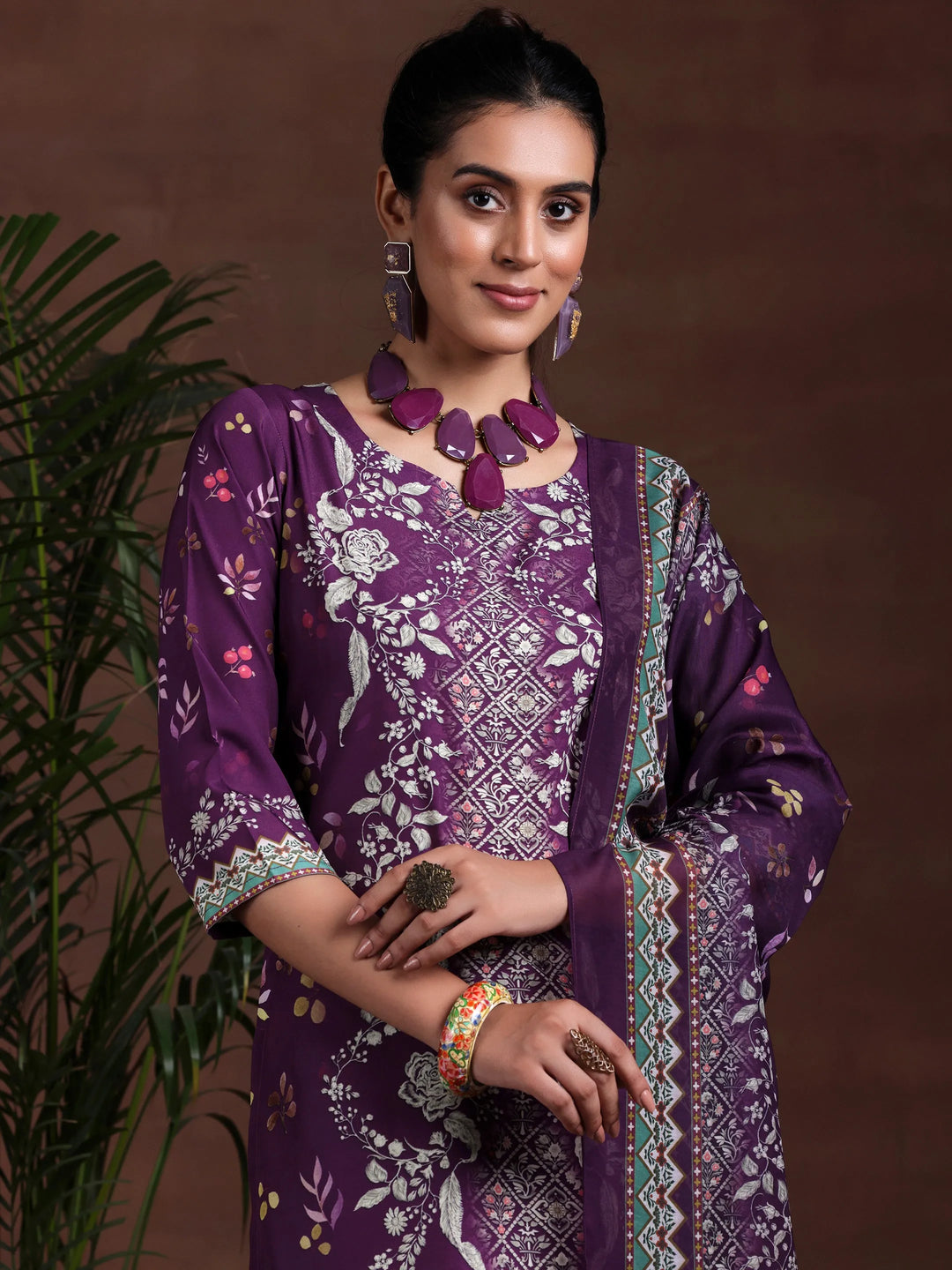  Wine Printed Poly Crepe Straight Suit With Dupatta 