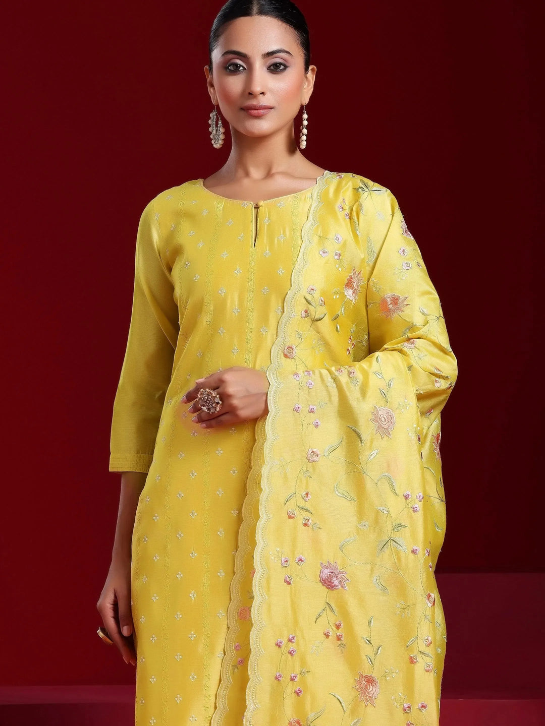  Libas Art Yellow Embroidered Chanderi Silk Straight Suit With Dupatta 