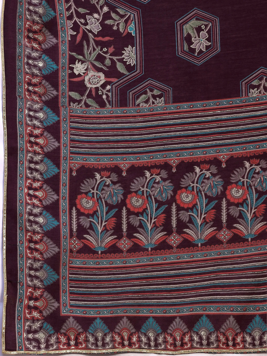  Burgundy Printed Silk Blend A-Line Kurta With Palazzos & Dupatta 