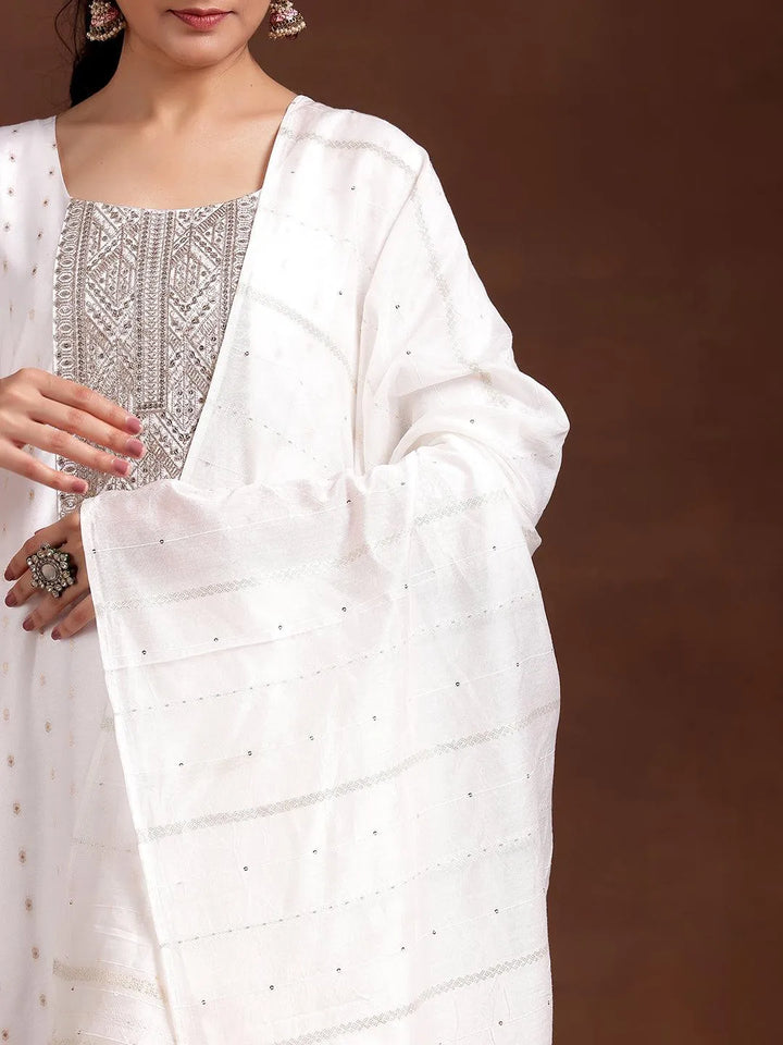 White Yoke Design Silk Blend Straight Suit With Dupatta - Libas