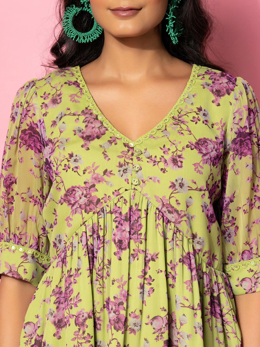 Green Printed Georgette Co-Ords