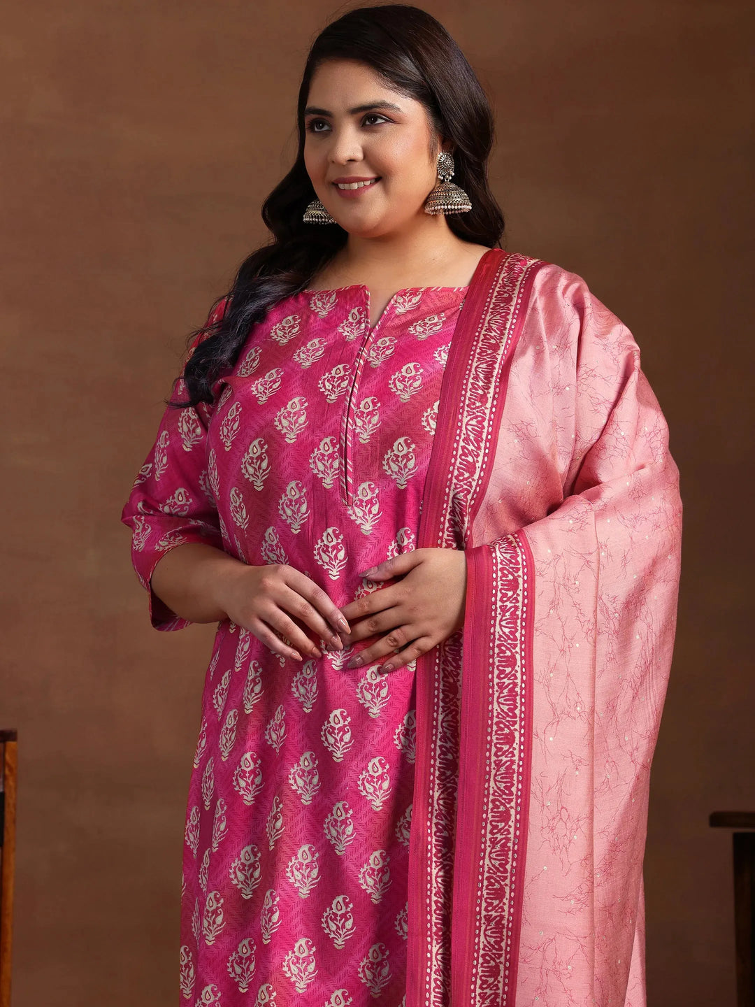  Plus Size Pink Printed Silk Blend Straight Suit With Dupatta 