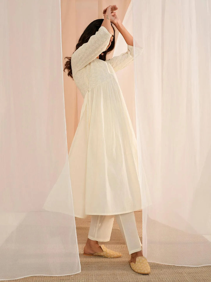 Off White Embroidered Cotton Straight Kurta Set - Libas