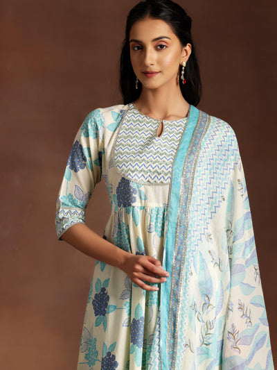 Turquoise Printed Cotton Anarkali Suit With Dupatta - Libas