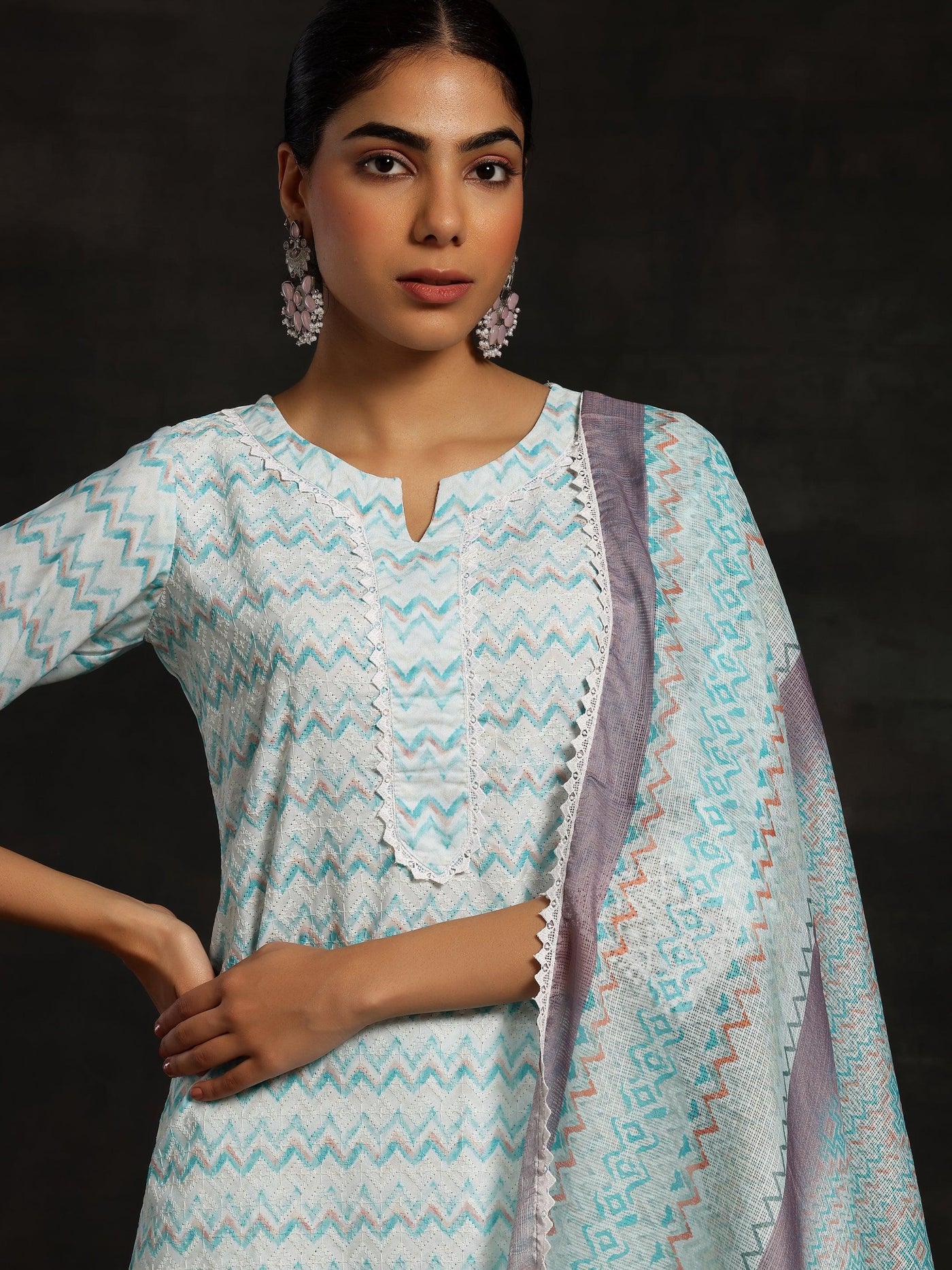 Blue Embroidered Cotton Straight Suit With Dupatta - Libas