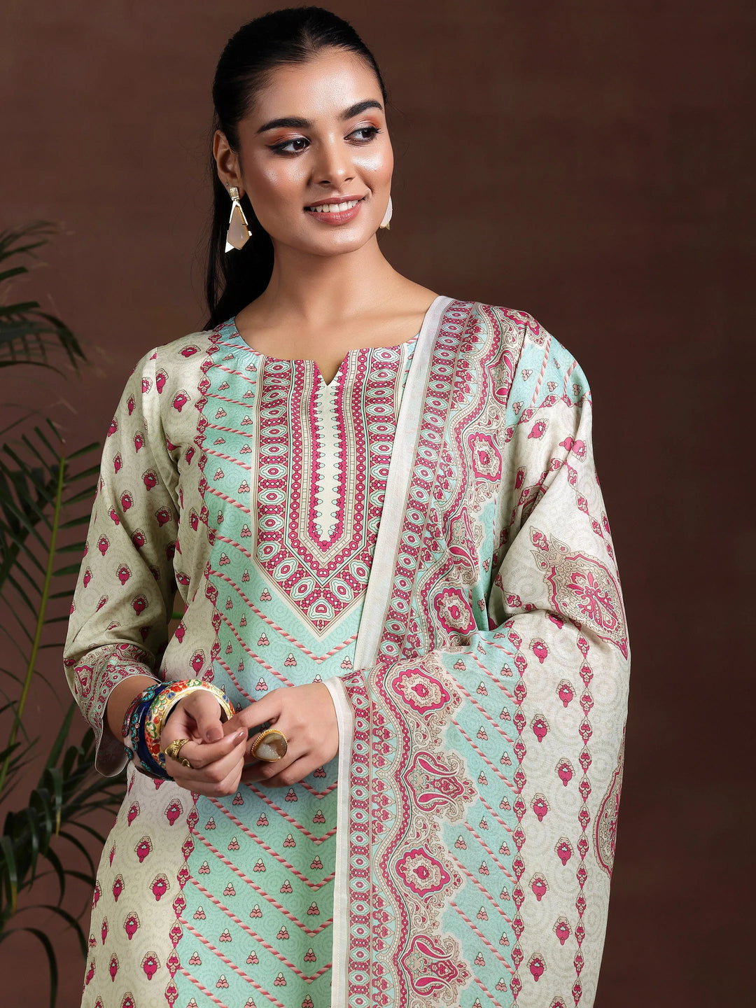  Beige Printed Poly Crepe Straight Suit With Dupatta 