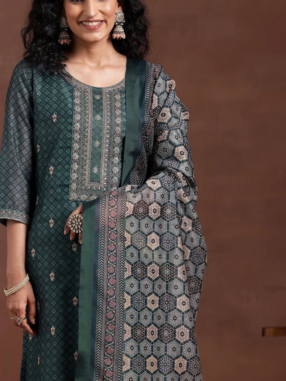 Teal Printed Silk Blend Straight Suit With Dupatta - Libas 