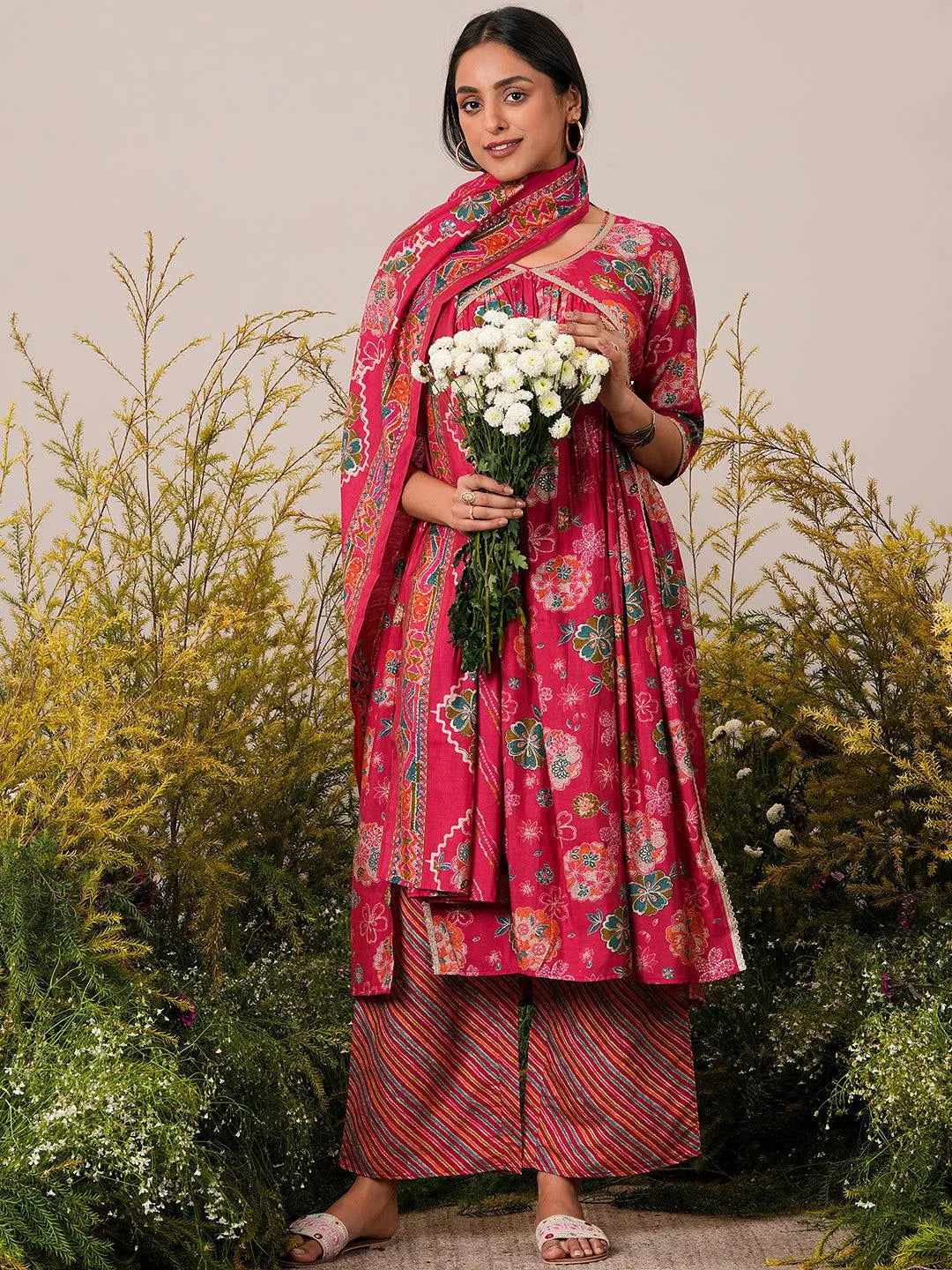 Pink Printed Silk Blend A-Line Kurta With Palazzos & Dupatta - Libas 