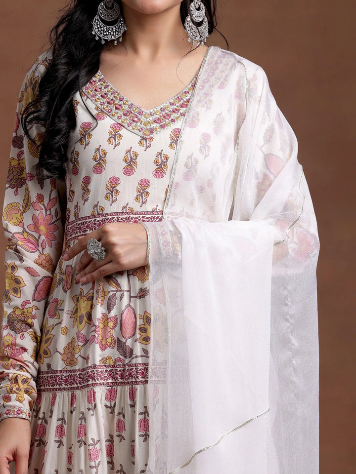 Off white Printed Cotton A-Line Kurta With Palazzos & Dupatta - Libas