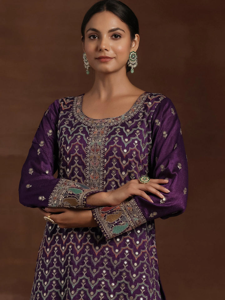 Purple Embroidered Silk Blend Straight Kurta With Palazzos & Dupatta - Libas