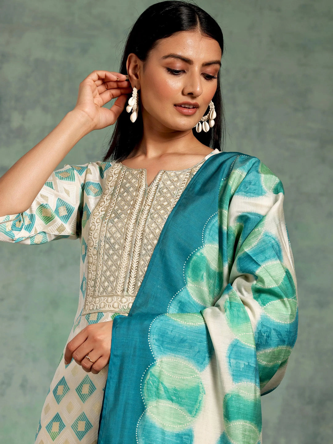 Off White Printed Silk Blend Straight Suit With Dupatta - Libas 