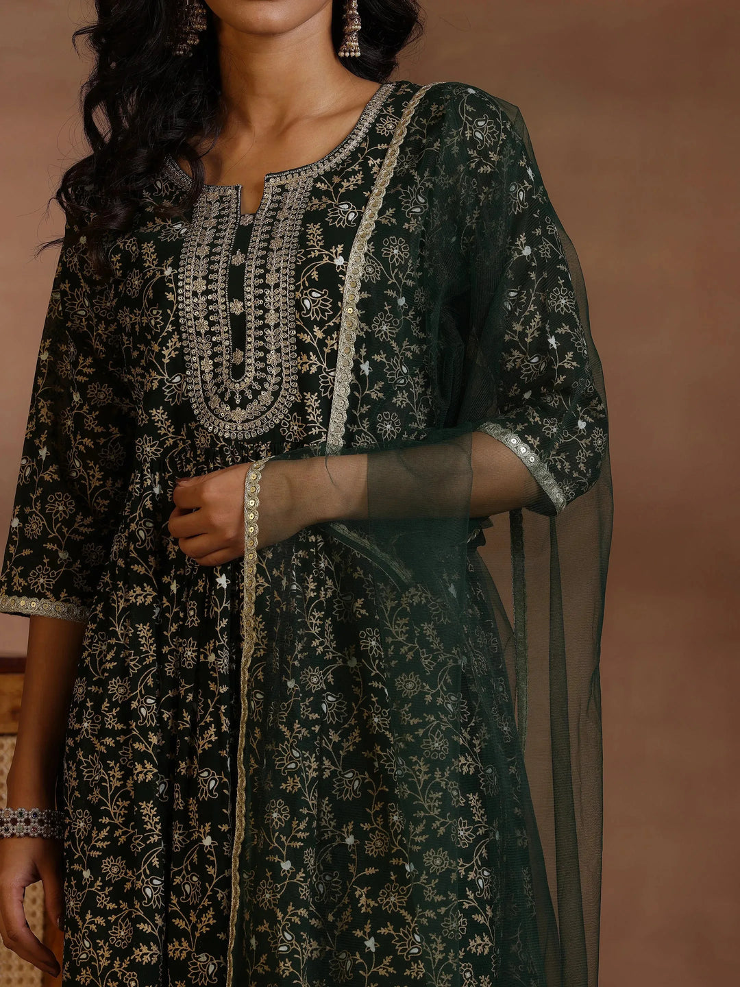  Green Printed Georgette A-Line Kurta With Trousers & Dupatta 