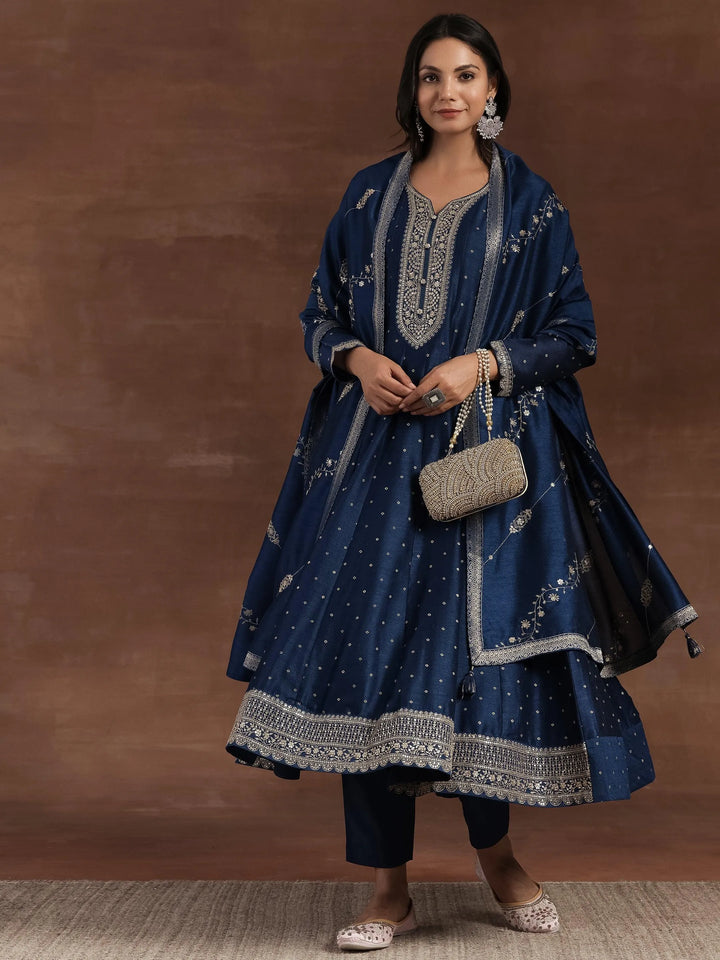 Rizwana Blue Embroidered Silk Blend A-Line Kurta With Trousers & Dupatta - Libas