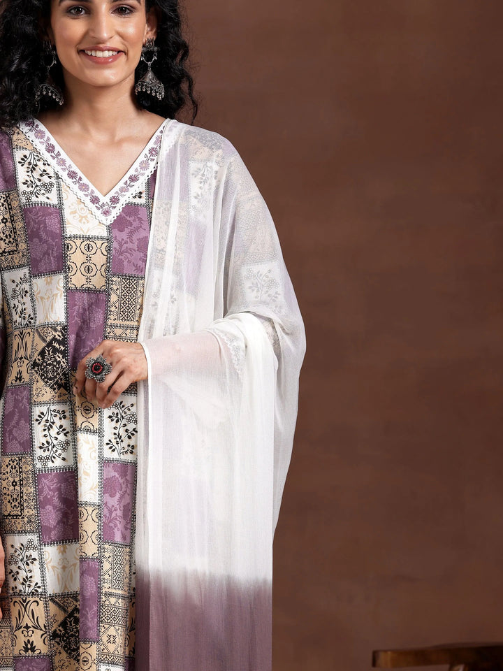 Off white Printed Cotton Straight Suit With Dupatta - Libas