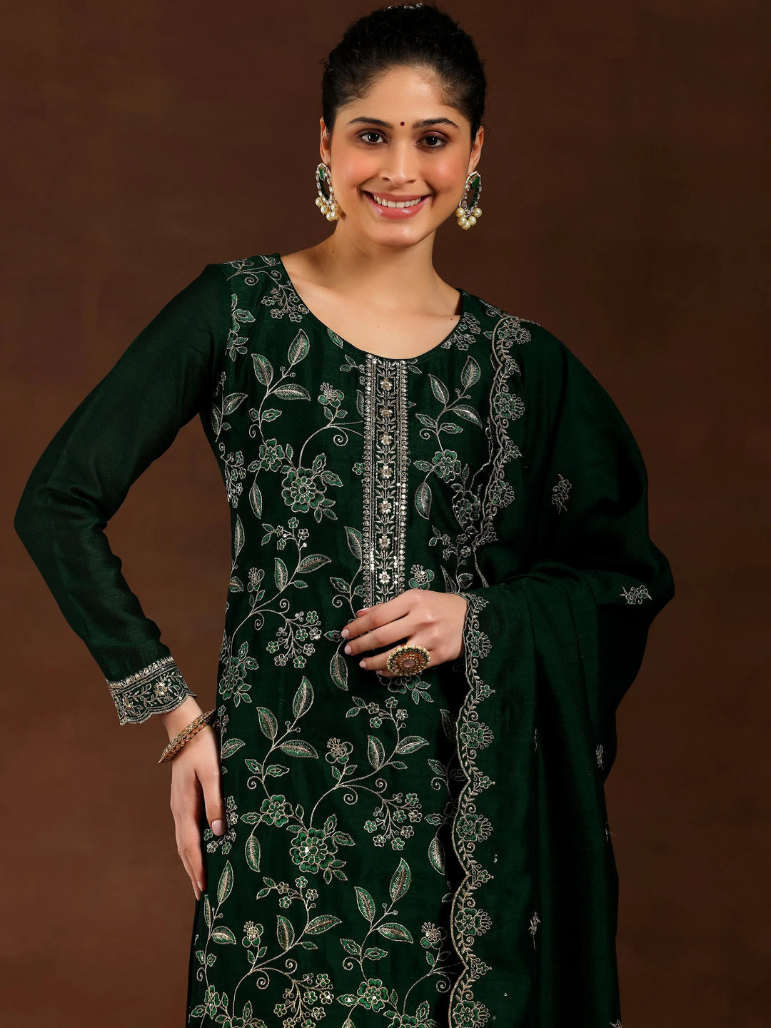  Green Embroidered Silk Blend Straight Suit With Dupatta 