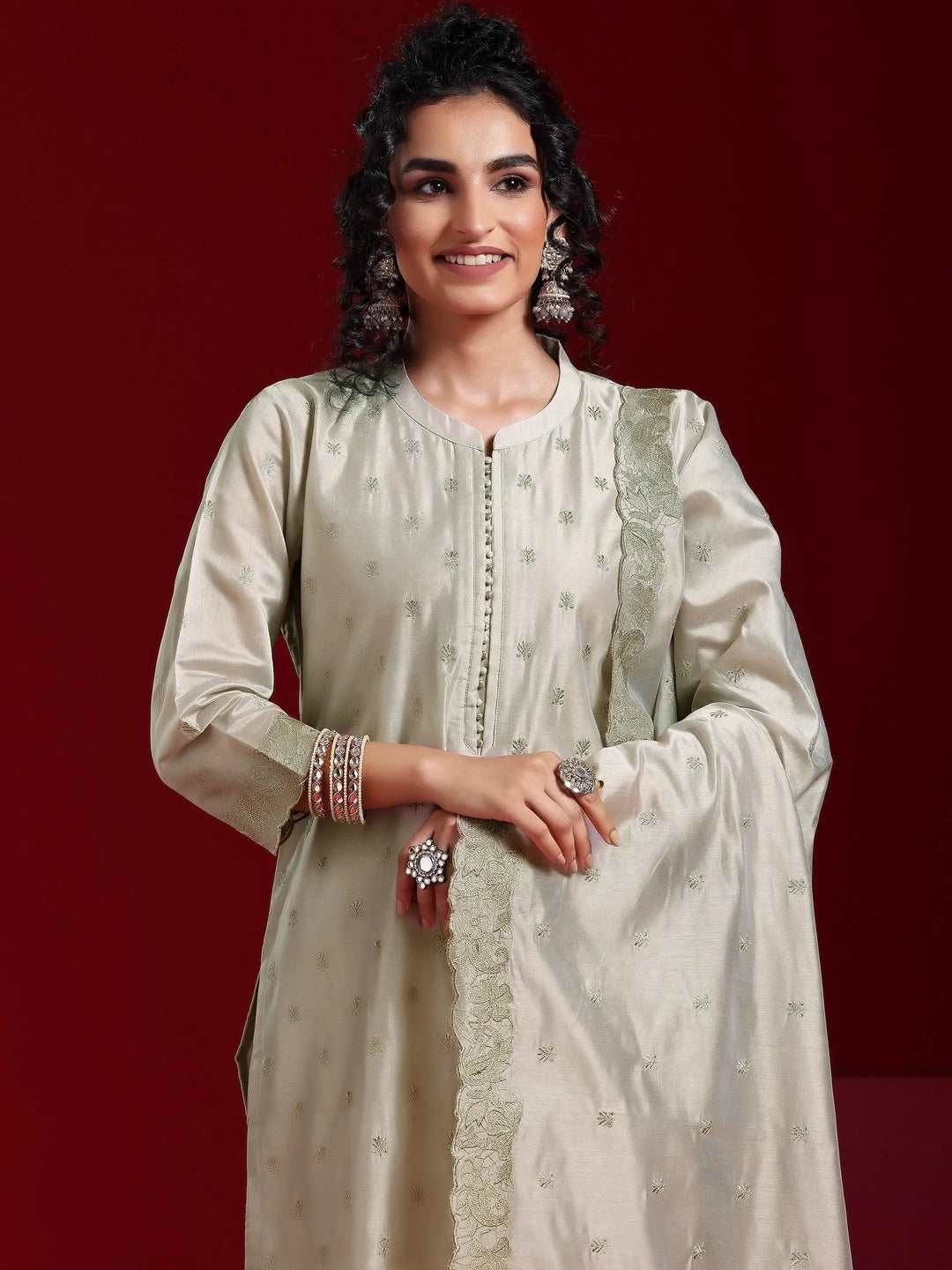  Libas Art Grey Embroidered Chanderi Silk Straight Suit With Dupatta 