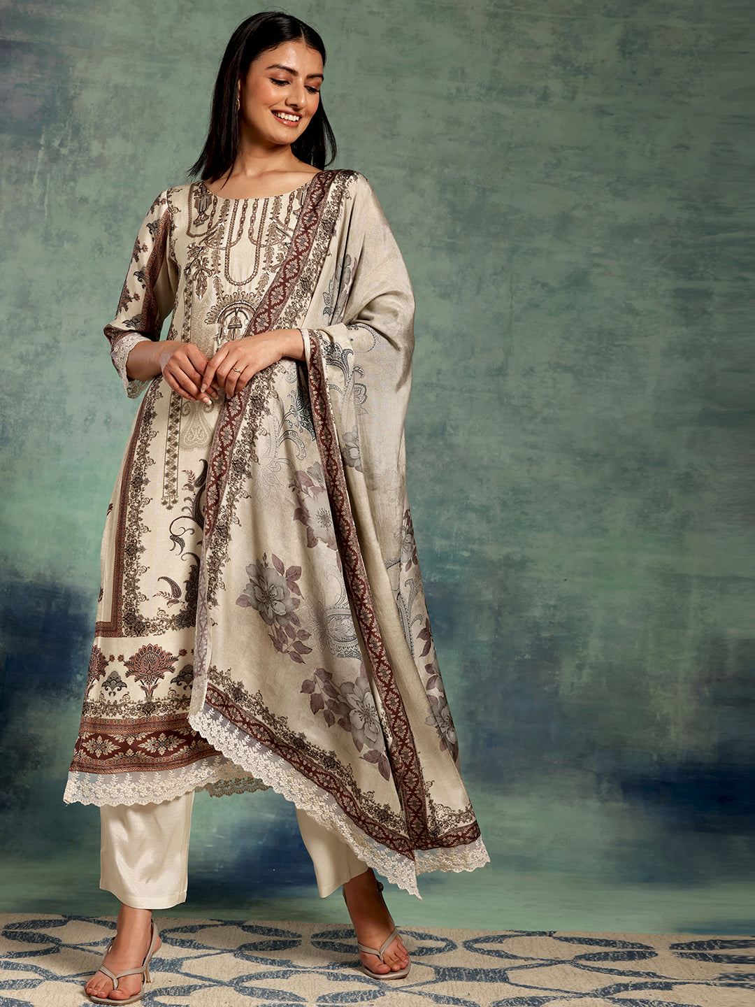  Ivory Printed Silk Blend Straight Suit Set With Dupatta 