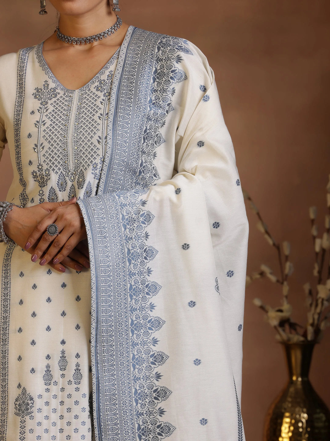  Off White Woven Design Chanderi Silk Straight Suit With Dupatta 