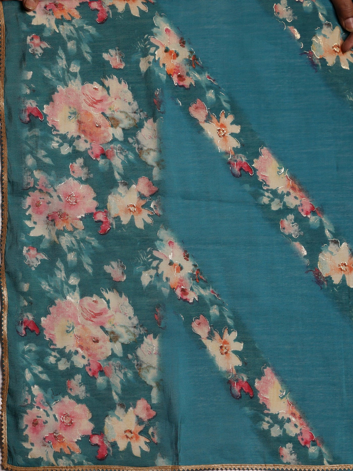 Blue Printed Silk Blend Anarkali Suit With Dupatta - Libas