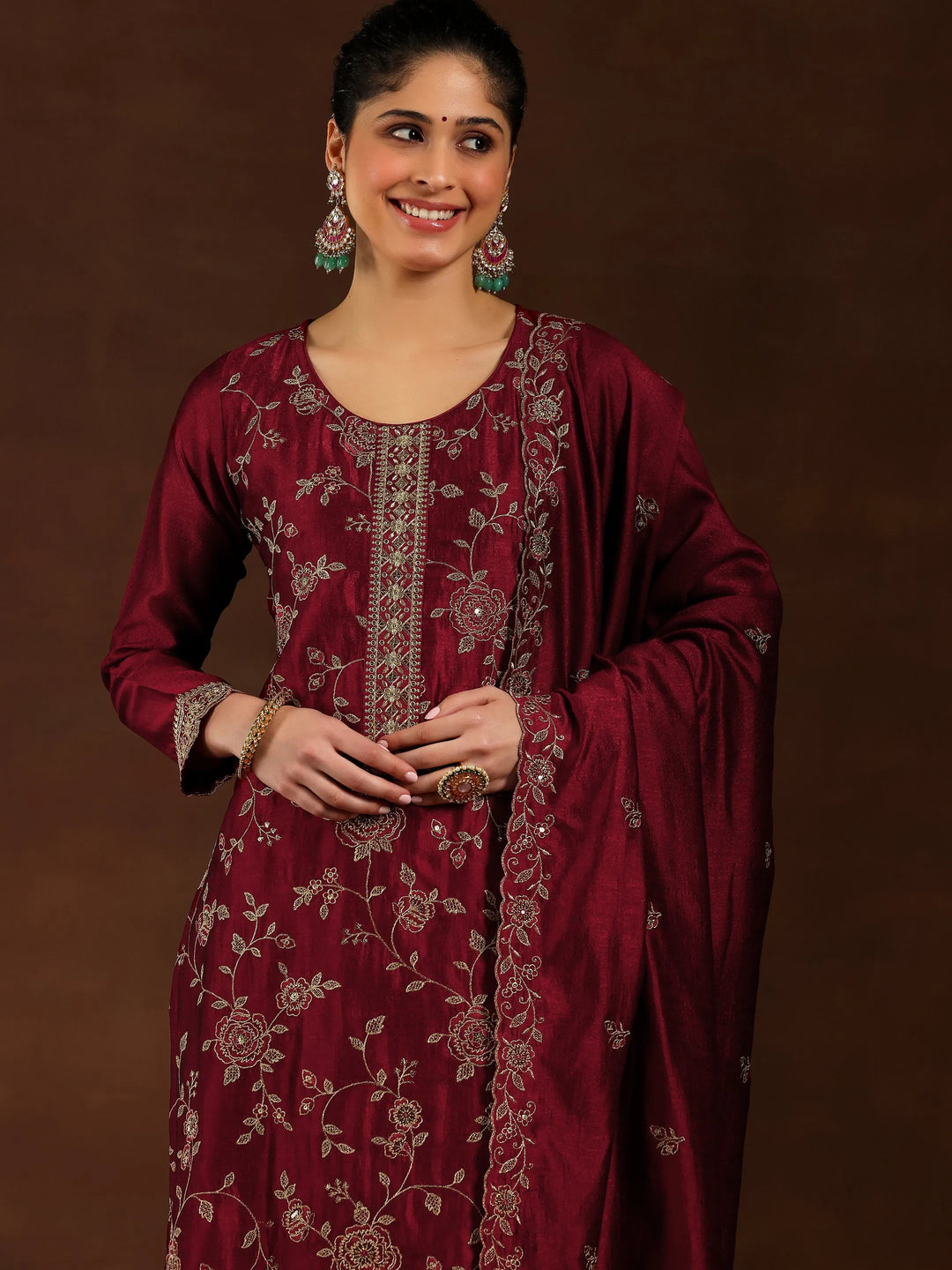  Maroon Embroidered Silk Blend Straight Suit With Dupatta 