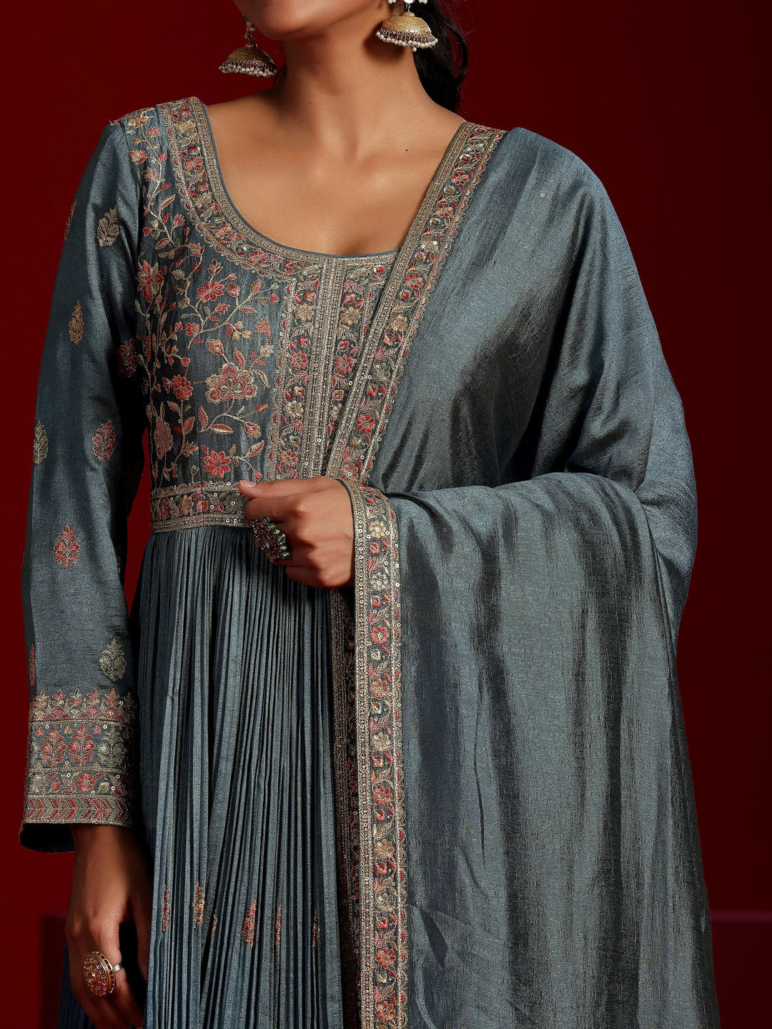  Libas Art Blue Embroidered Silk Blend A-Line Kurta With Trousers & Dupatta 
