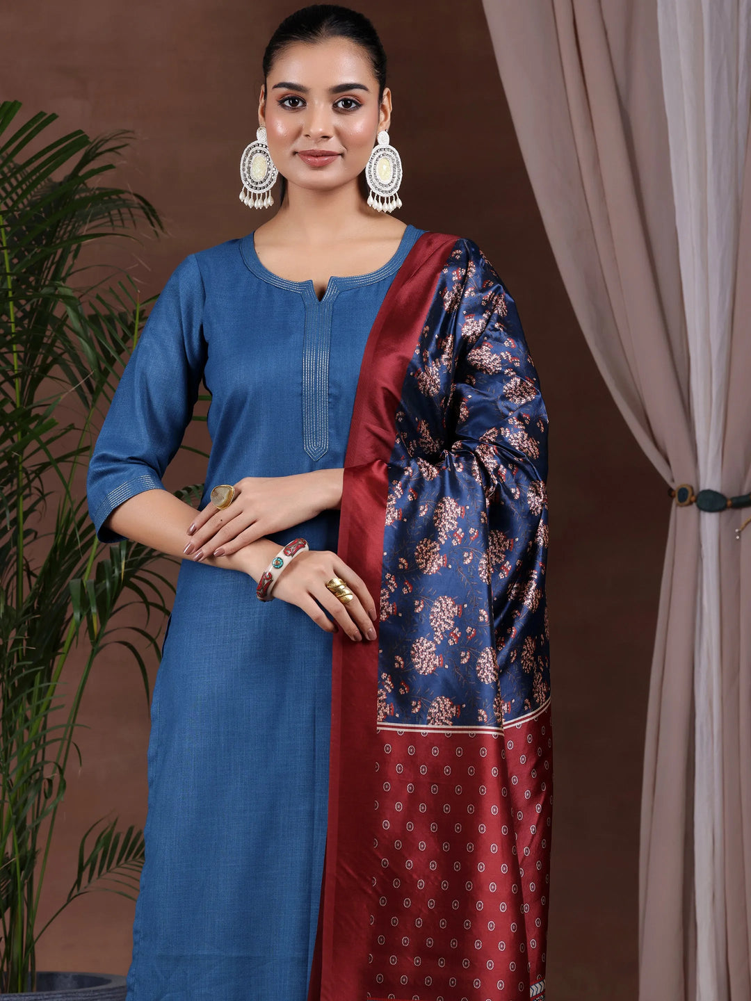  Navy Blue Solid Cotton Blend Straight Suit With Dupatta 