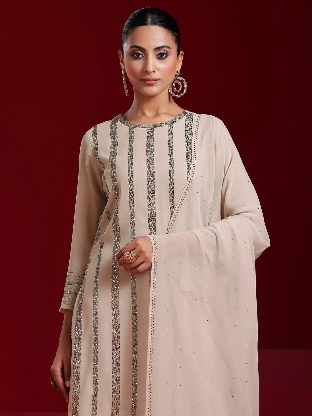  Libas Art Taupe Striped Georgette Straight Suit With Dupatta 