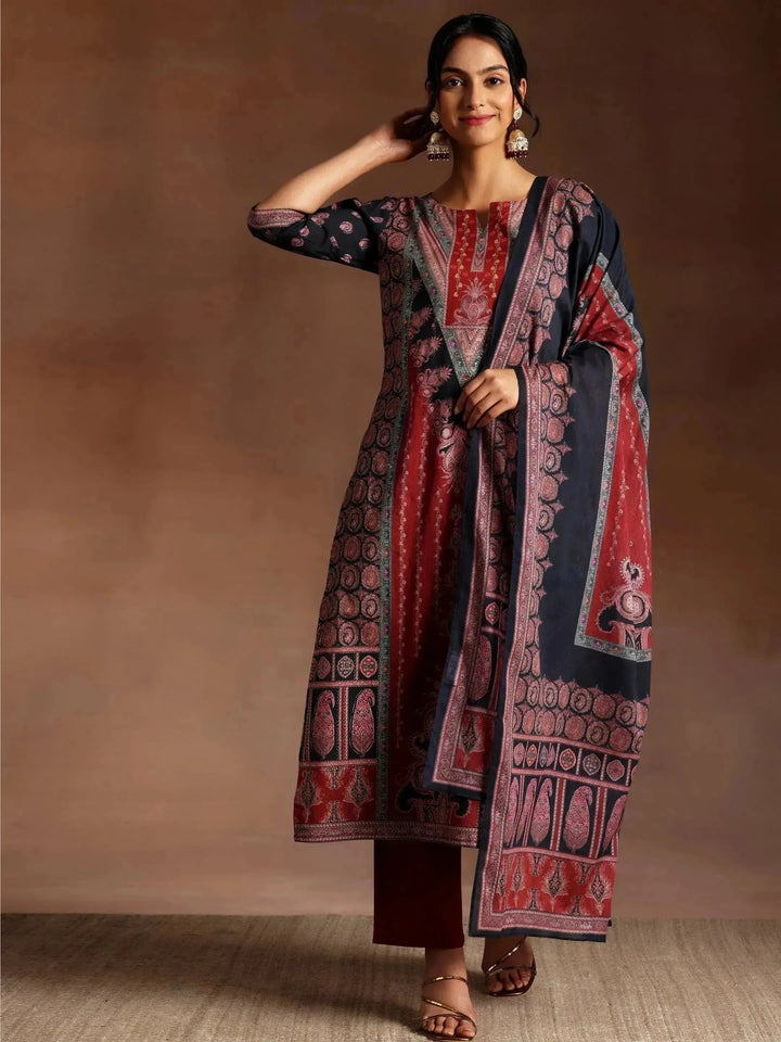Black Printed Cotton Straight Suit With Dupatta - Libas