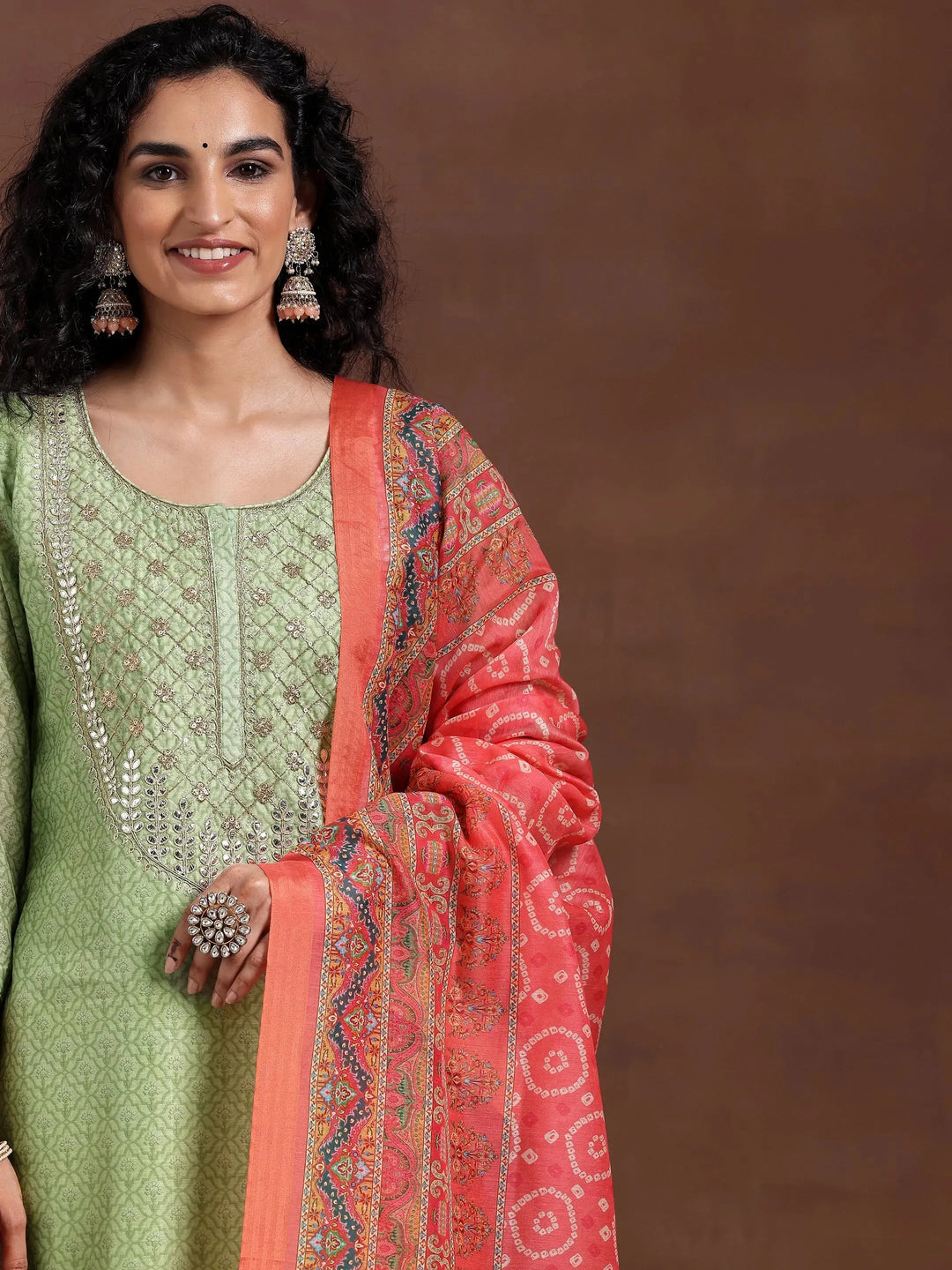  Green Printed Silk Blend Straight Suit With Dupatta 
