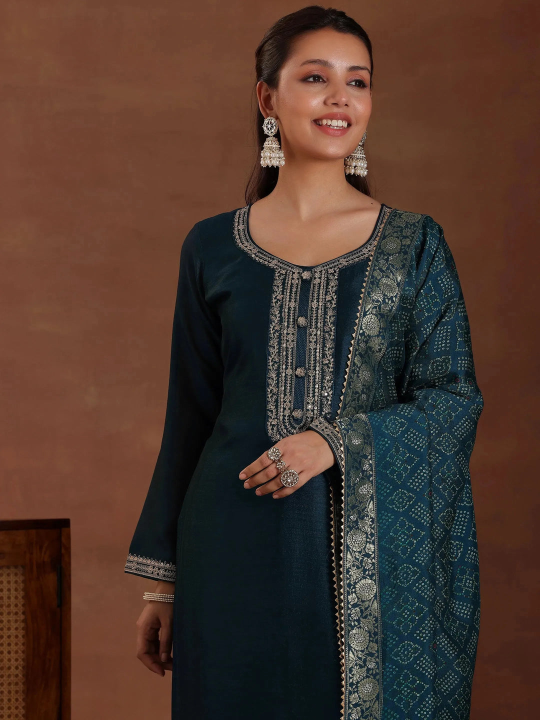  Teal Embroidered Silk Blend Straight Suit With Dupatta 