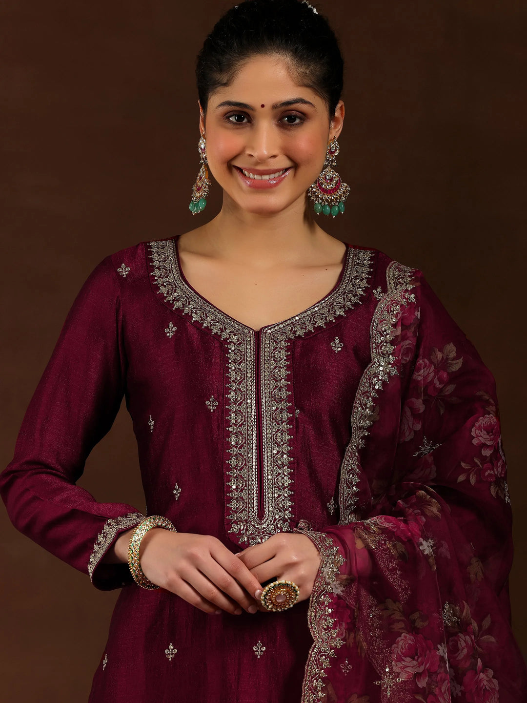 Maroon Embroidered Silk Blend Straight Suit With Dupatta 