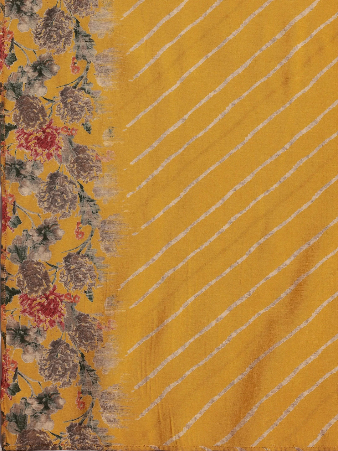  Yellow Printed Silk Blend A-Line Kurta With Trousers & Dupatta 