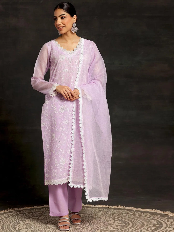 Lavender Embroidered Cotton Straight Suit With Dupatta - Libas