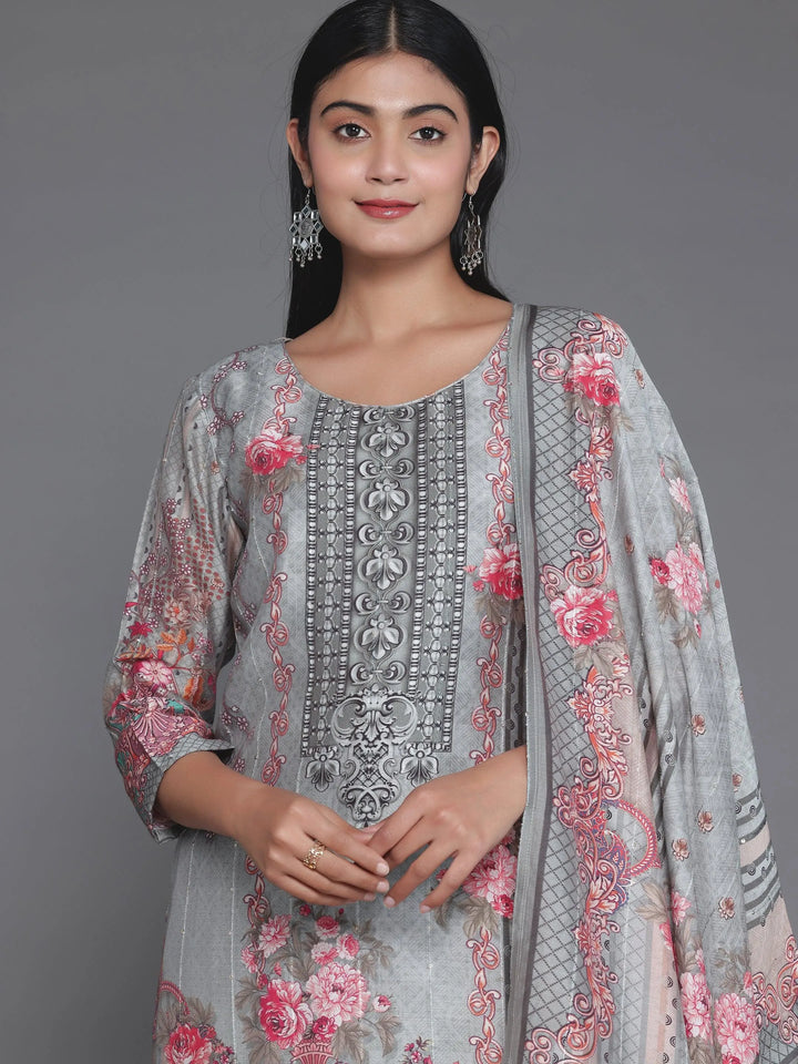 Grey Printed Silk Blend Straight Suit With Dupatta - Libas