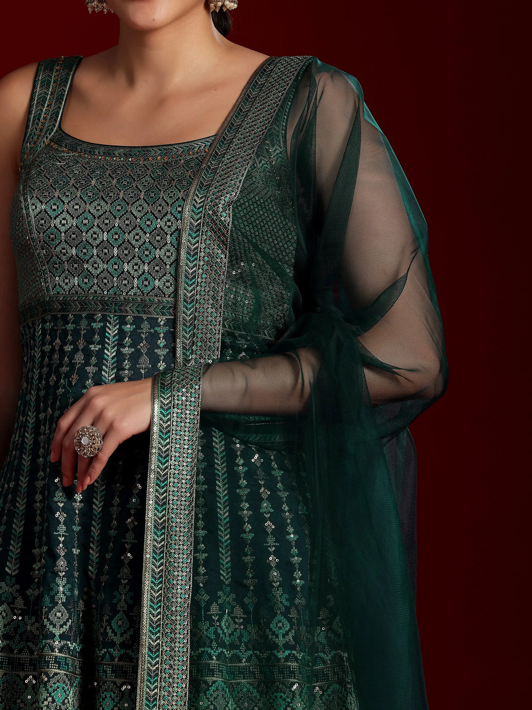  Libas Art Blue Embroidered Silk Blend A-Line Kurta With Palazzos & Dupatta 