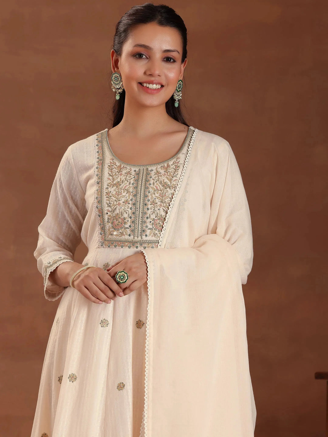  Peach Embroidered Pure Cotton A-line Kurta With Trouers & Dupatta 