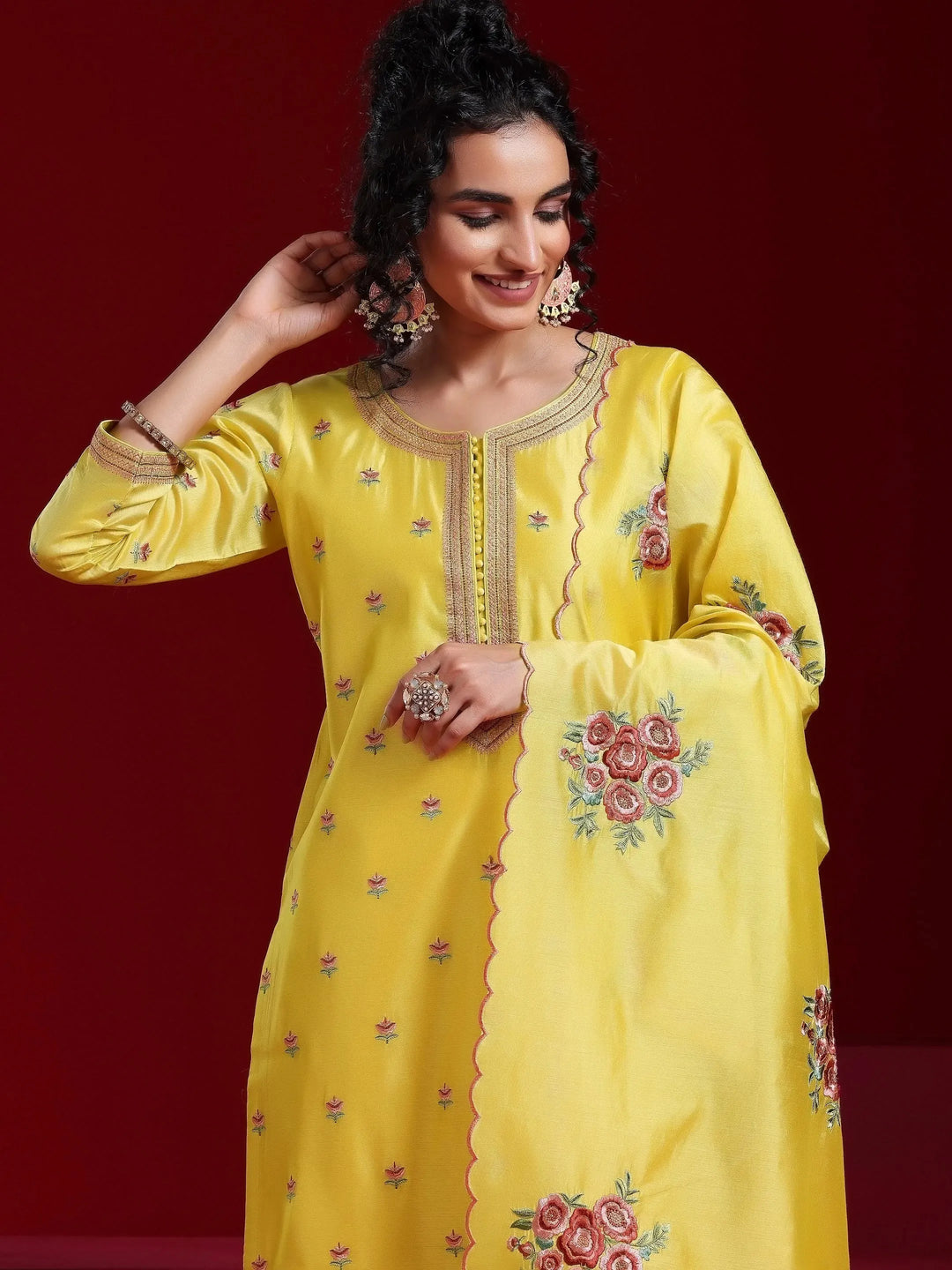  Libas Art Yellow Embroidered Chanderi Silk Straight Suit With Dupatta 