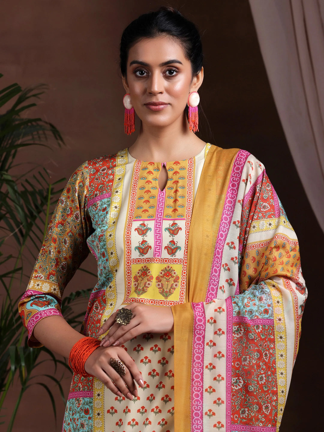  Mustard Printed Poly Crepe Straight Suit With Dupatta 