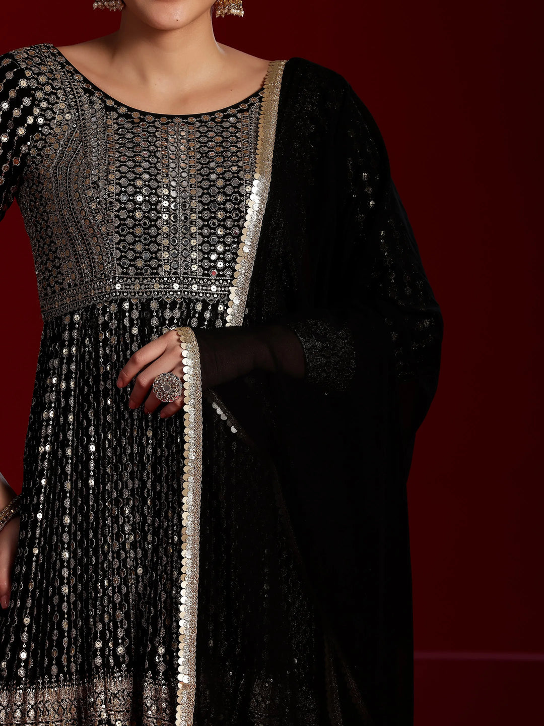  Libas Art Black Embroidered Georgette A-Line Kurta With Palazzos & Dupatta 