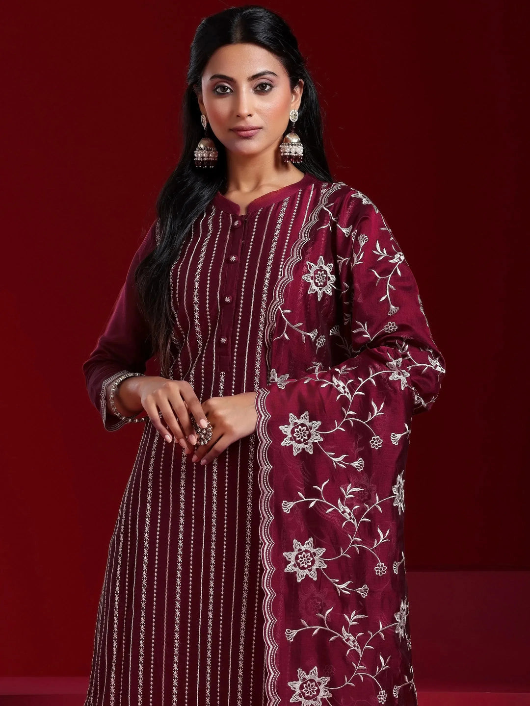  Libas Art Maroon Embroidered Chanderi Silk Straight Suit With Dupatta 