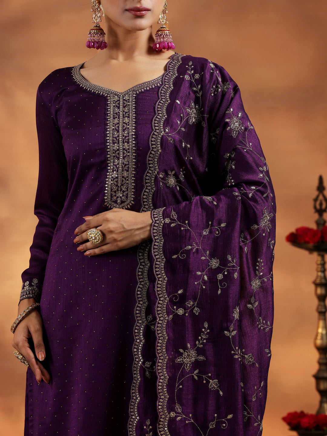  Burgundy Embroidered Silk Blend Straight Suit With Dupatta 