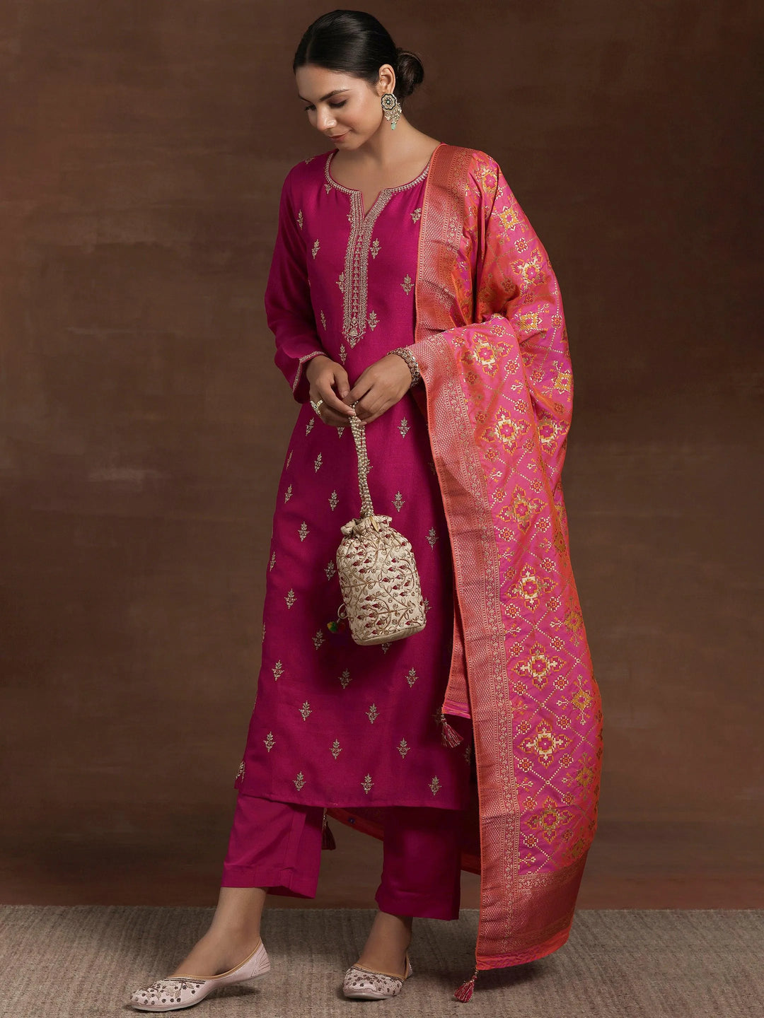 Pink Embroidered Silk Blend Straight Suit With Dupatta - Libas 