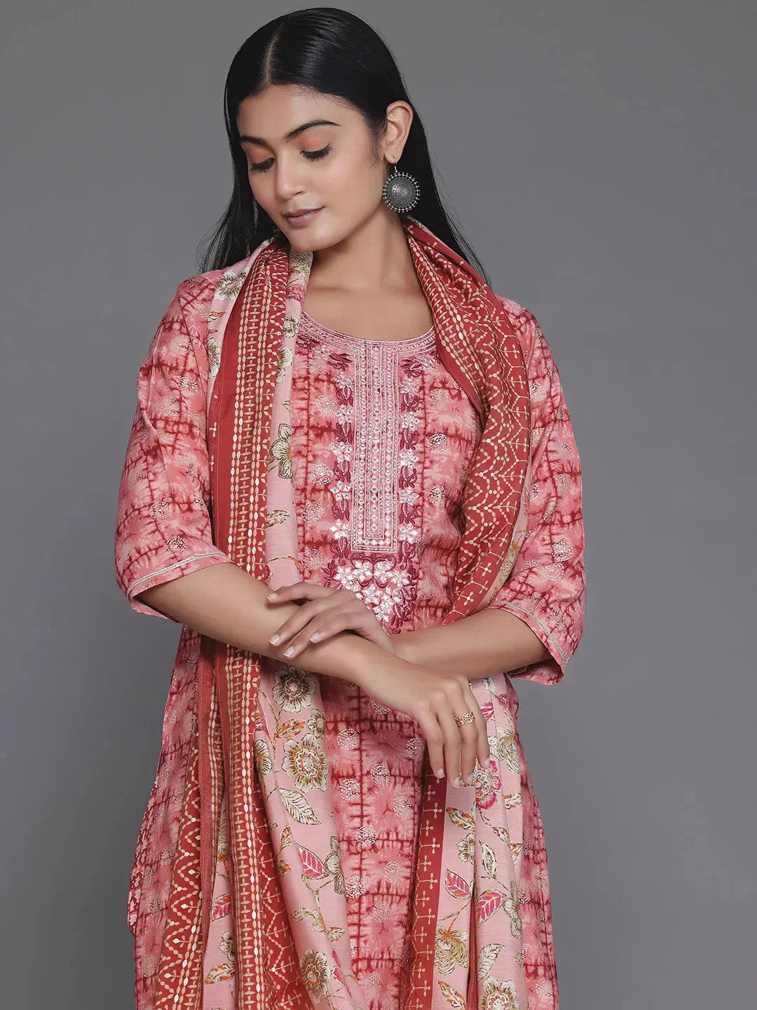  Maroon Printed Silk Blend Straight Suit With Dupatta 