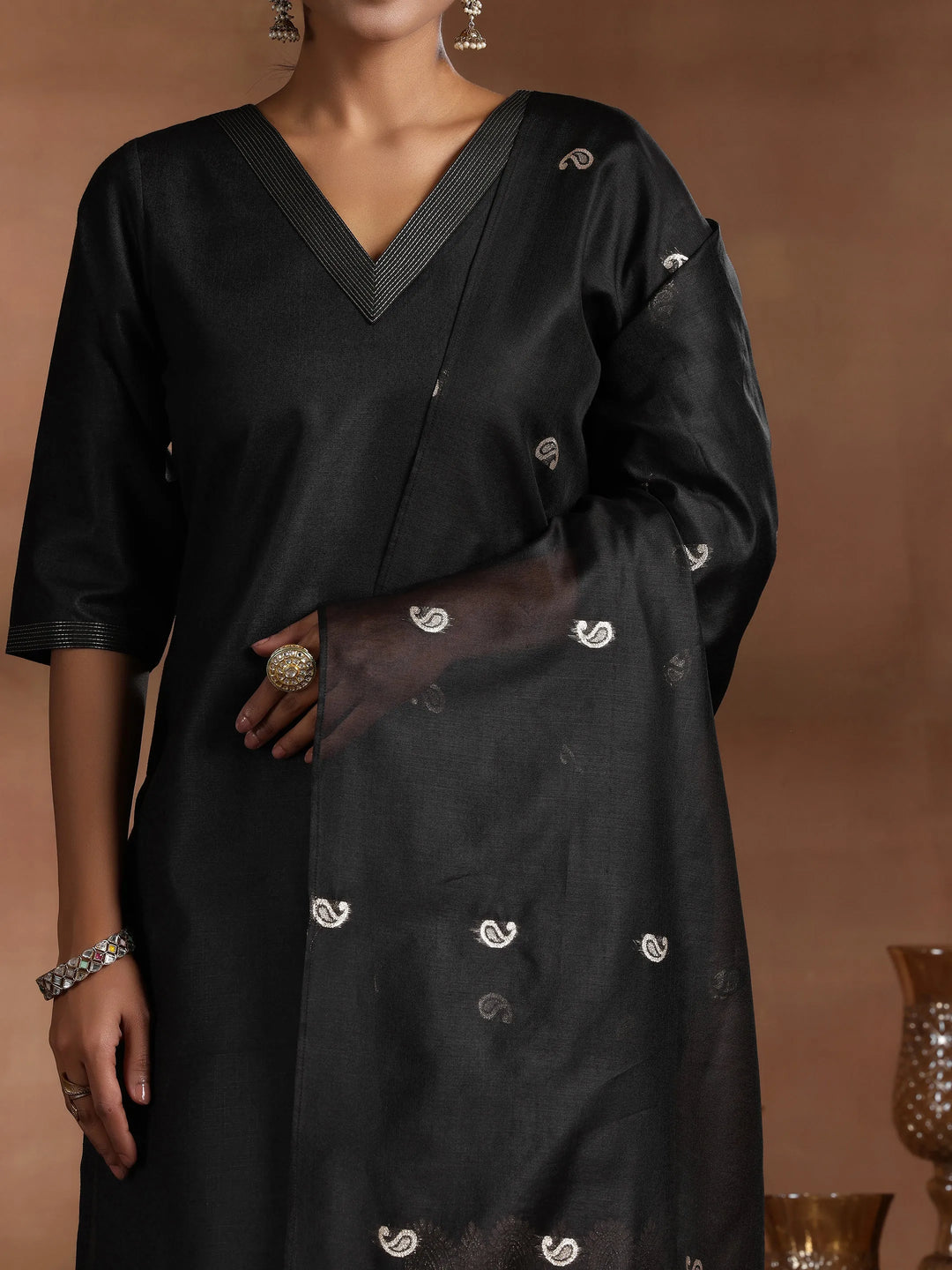 Black Solid Cotton Blend Straight Suit With Dupatta 