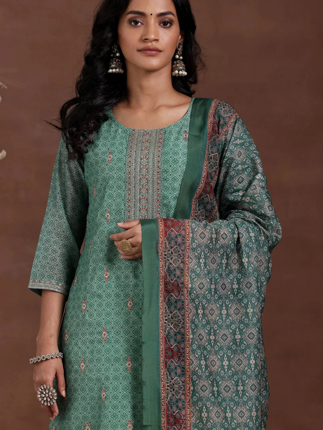  Green Printed Silk Blend Straight Suit With Dupatta 