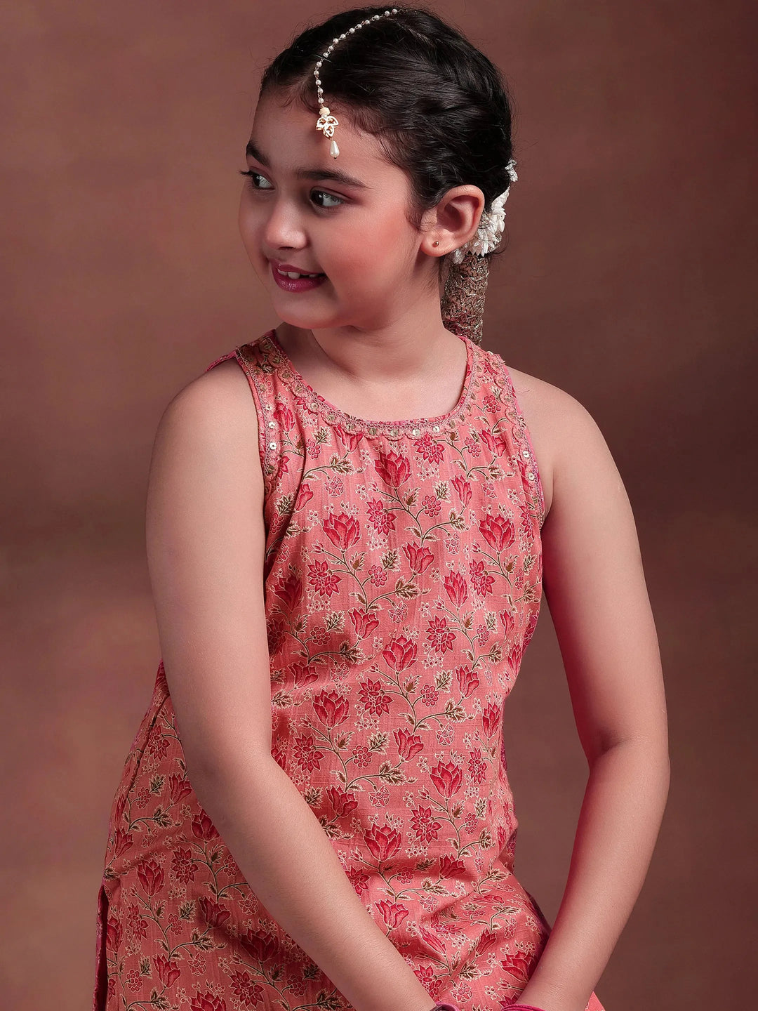  Kids Peach Printed Cotton Straight Suit With Dupatta 