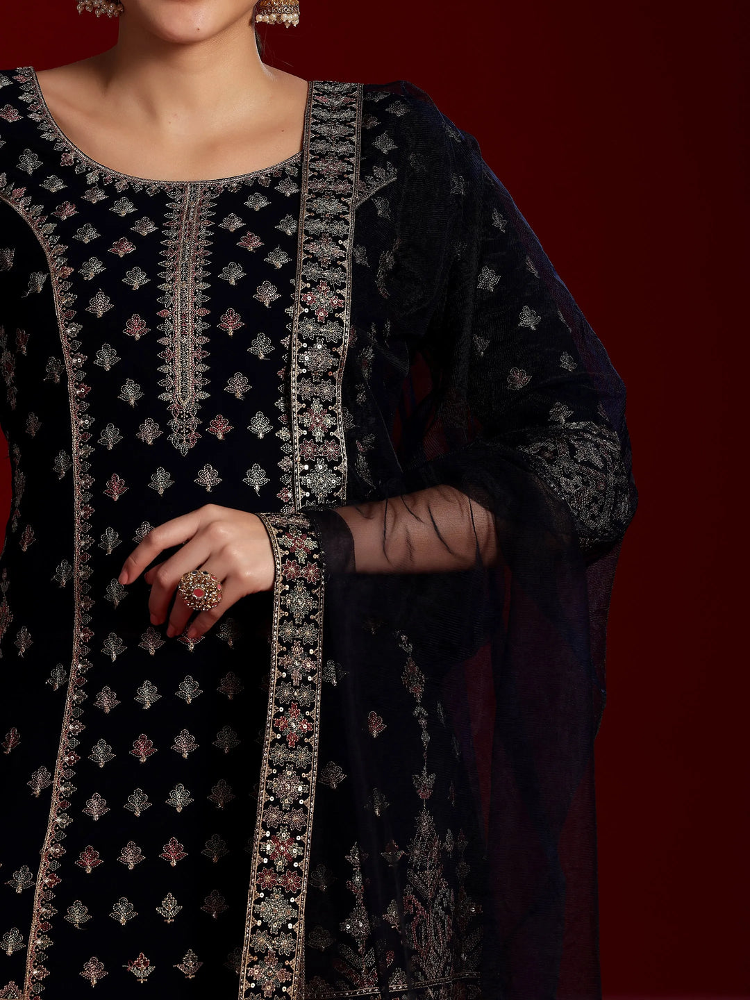  Libas Art Blue Embroidered Georgette Straight Suit With Dupatta 