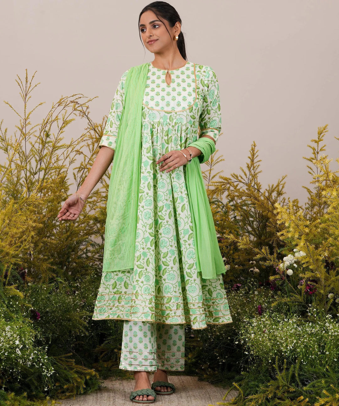 Green Yoke Design Cotton Anarkali Suit With Dupatta - Libas