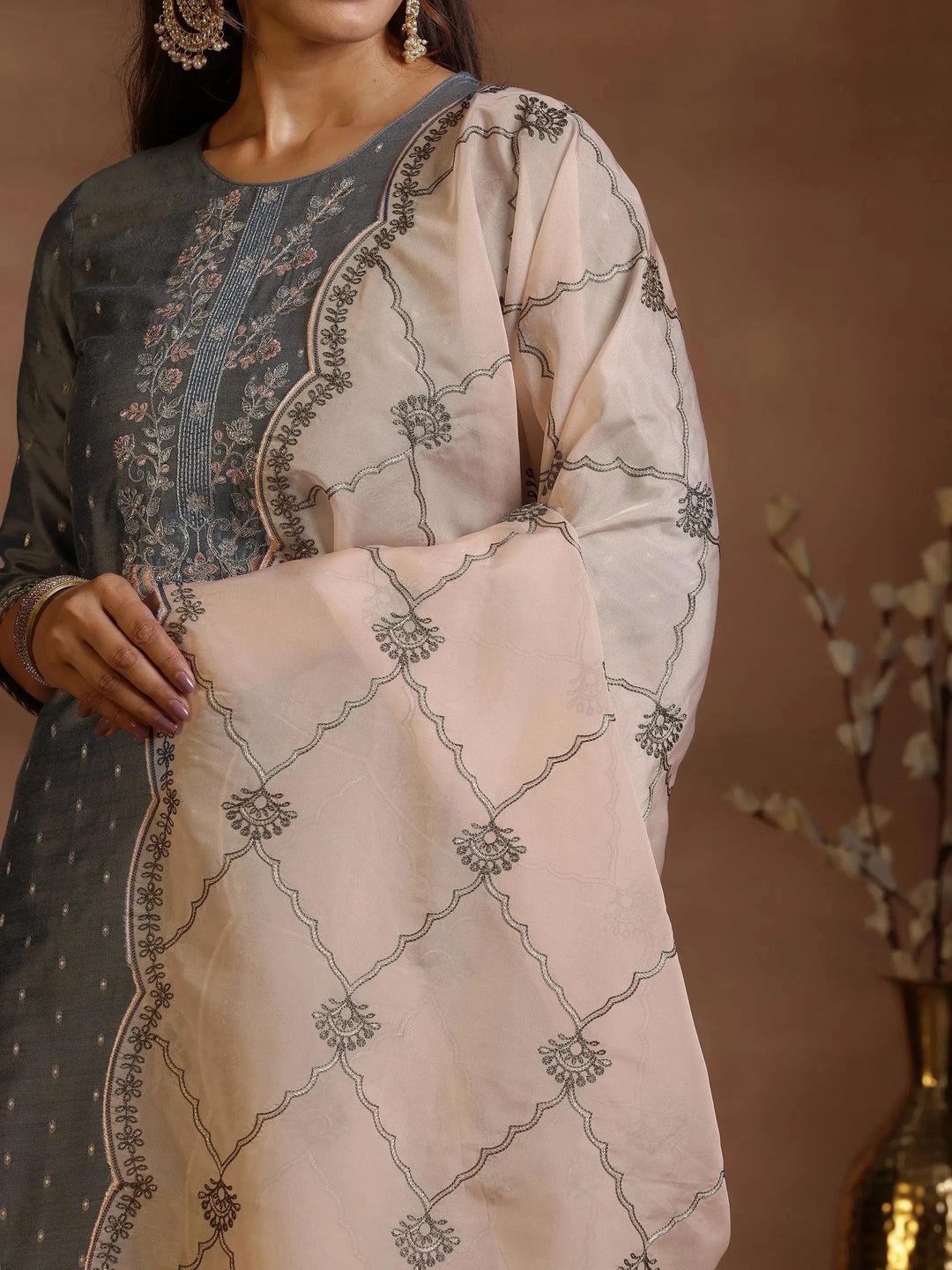  Grey Yoke Design Silk Blend Straight Suits With Dupatta 